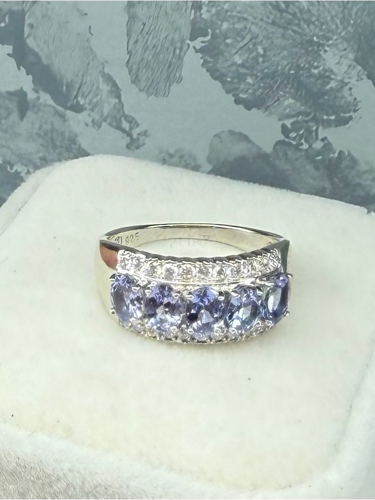 Elegant Natural Blue Tanzanite & Zircon Ring 925 Sterling Silver Size 6.75